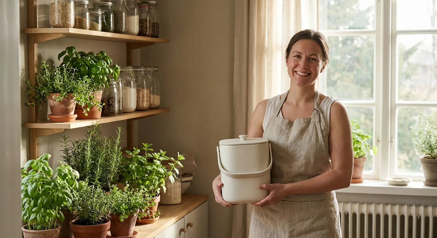 Woman in a sunlit kitchen holding a stylish white compost bin.