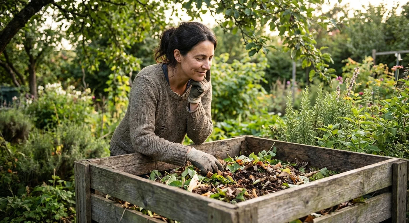 Woman thoughtfully inspecting her backyard compost bin.
