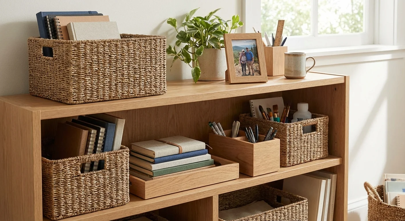 Woven baskets and wooden organizers providing stylish storage on a bookshelf.