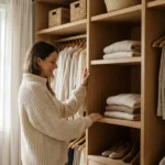 A woman smiling at her organized custom wood closet with neutral clothing and bright natural lighting.