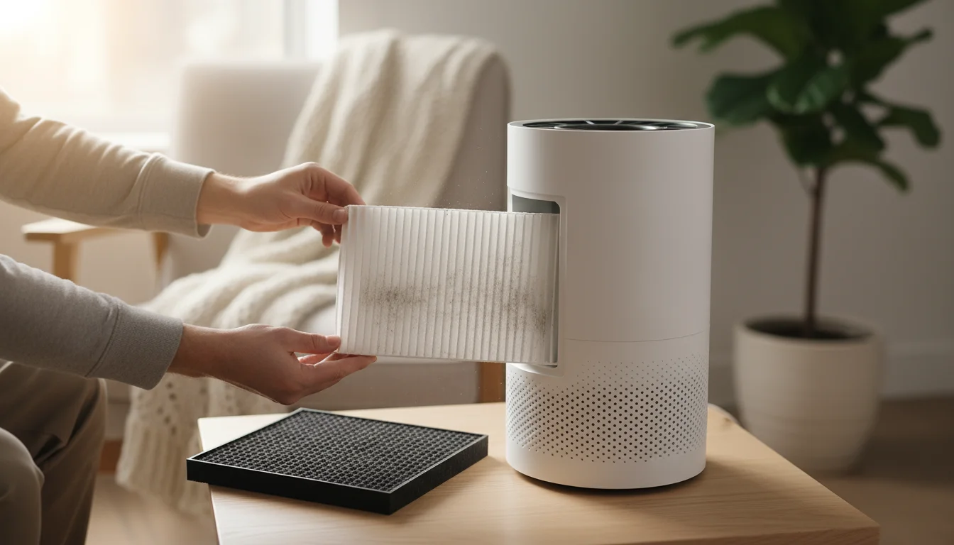 Hands removing a used True HEPA filter from an air purifier, with a new activated carbon filter and a sleeping cat in the background.