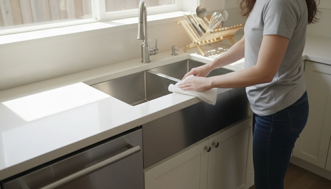 Woman quickly wiping a clean, empty stainless steel kitchen sink in a bright kitchen with natural light.
